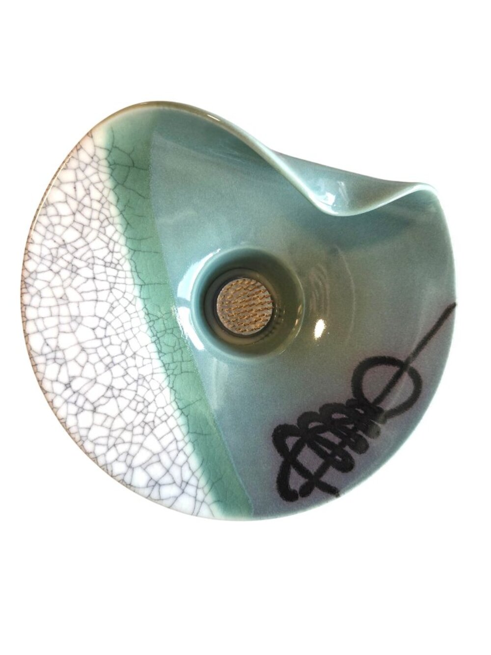 Artist Signed Ceramic Ikebana Vase Built-in Kenzan Frog Green Crackle 9"